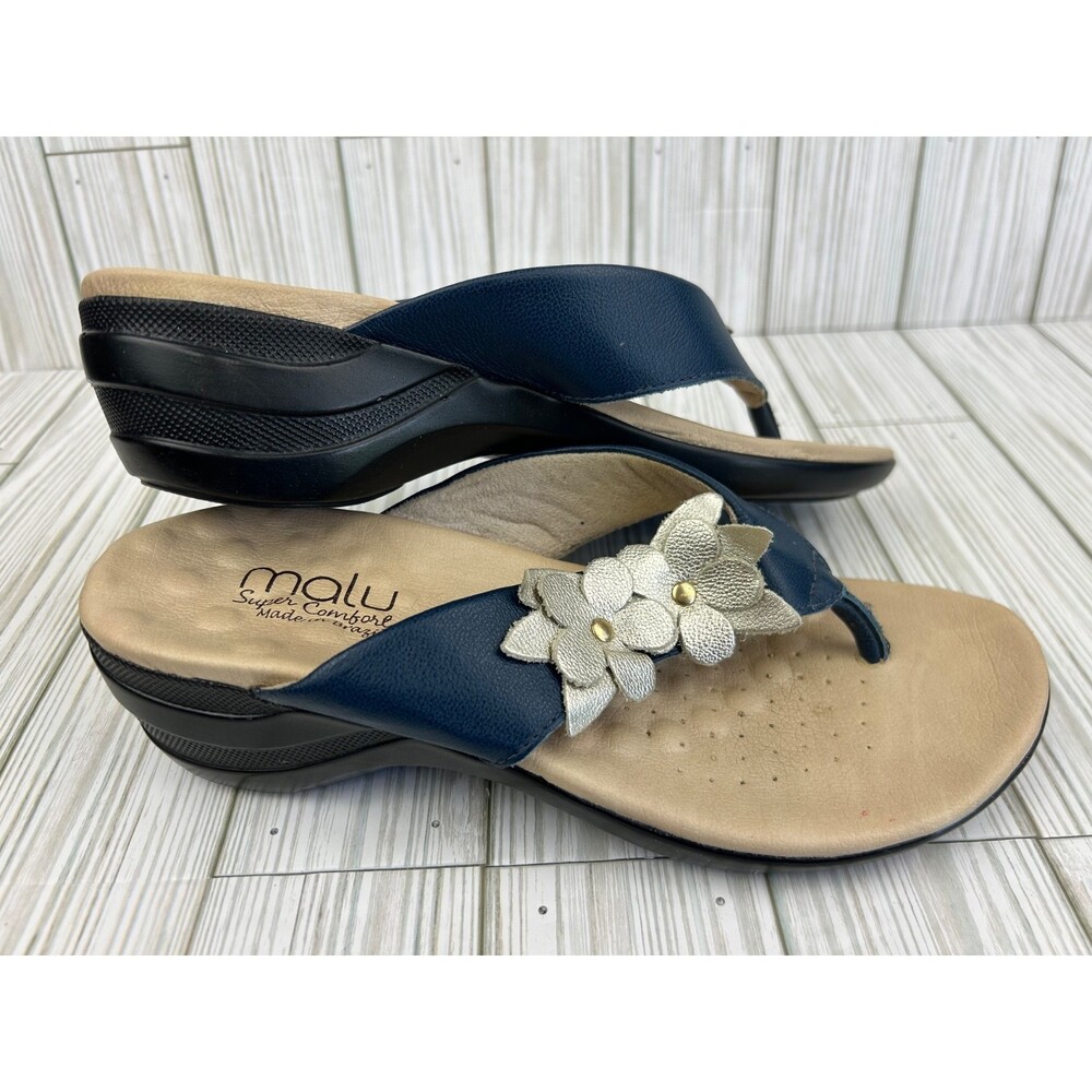Malu Super Comfort Leather Navy Sandals Platinum Floral Flower Women's Size 9